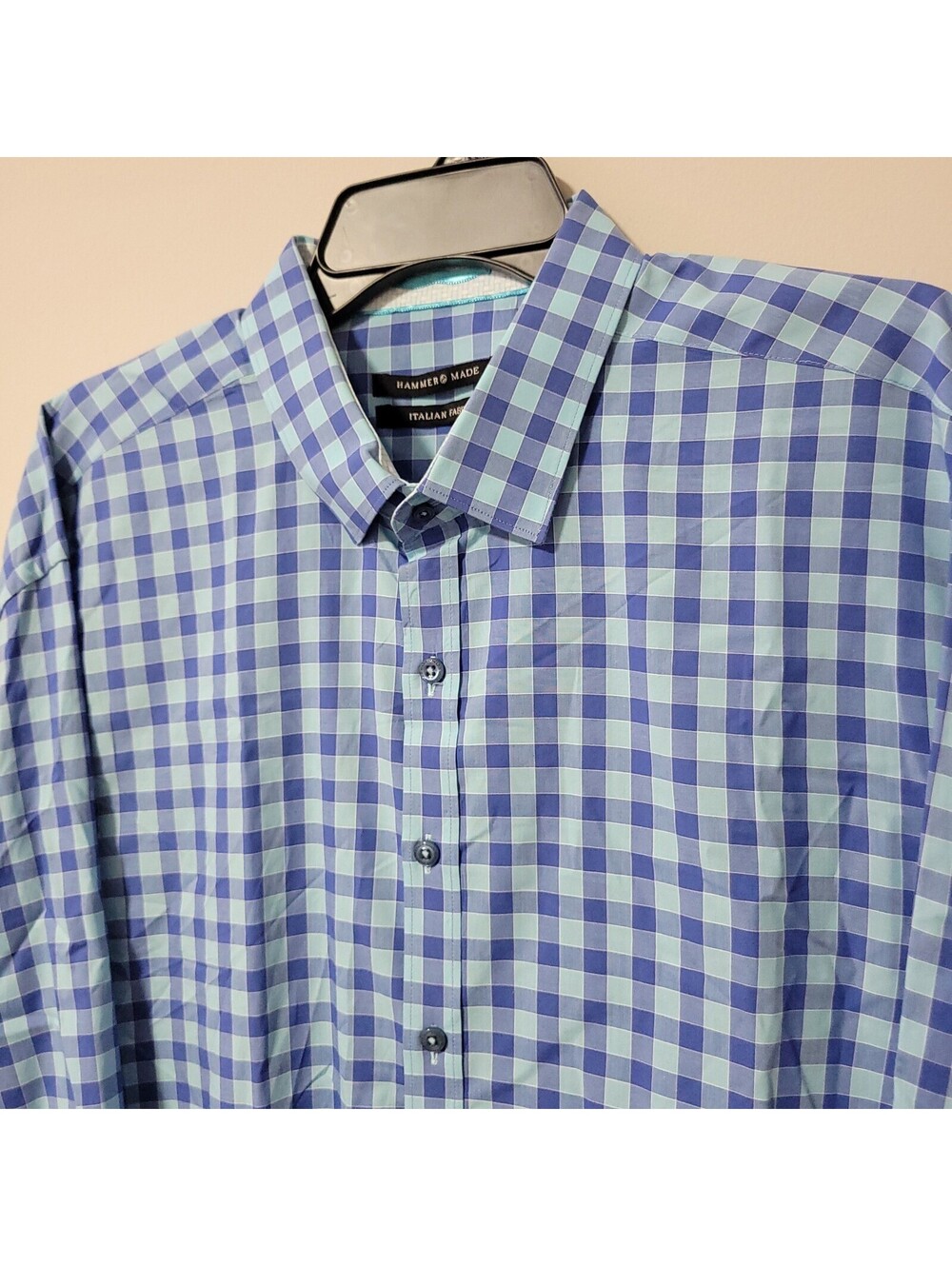 Hammer Made Luxury Button Up Shirt Mens 46 18.5 Blue Gingham Italian Fabric